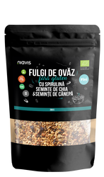 Fulgi de ovaz fini fara gluten cu spirulina, chia si seminte de canepa Eco, 200g, Niavis