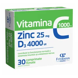 Vitamina C 1000mg, Zinc 25mg si D3 4000UI, 30cpr - Fiterman