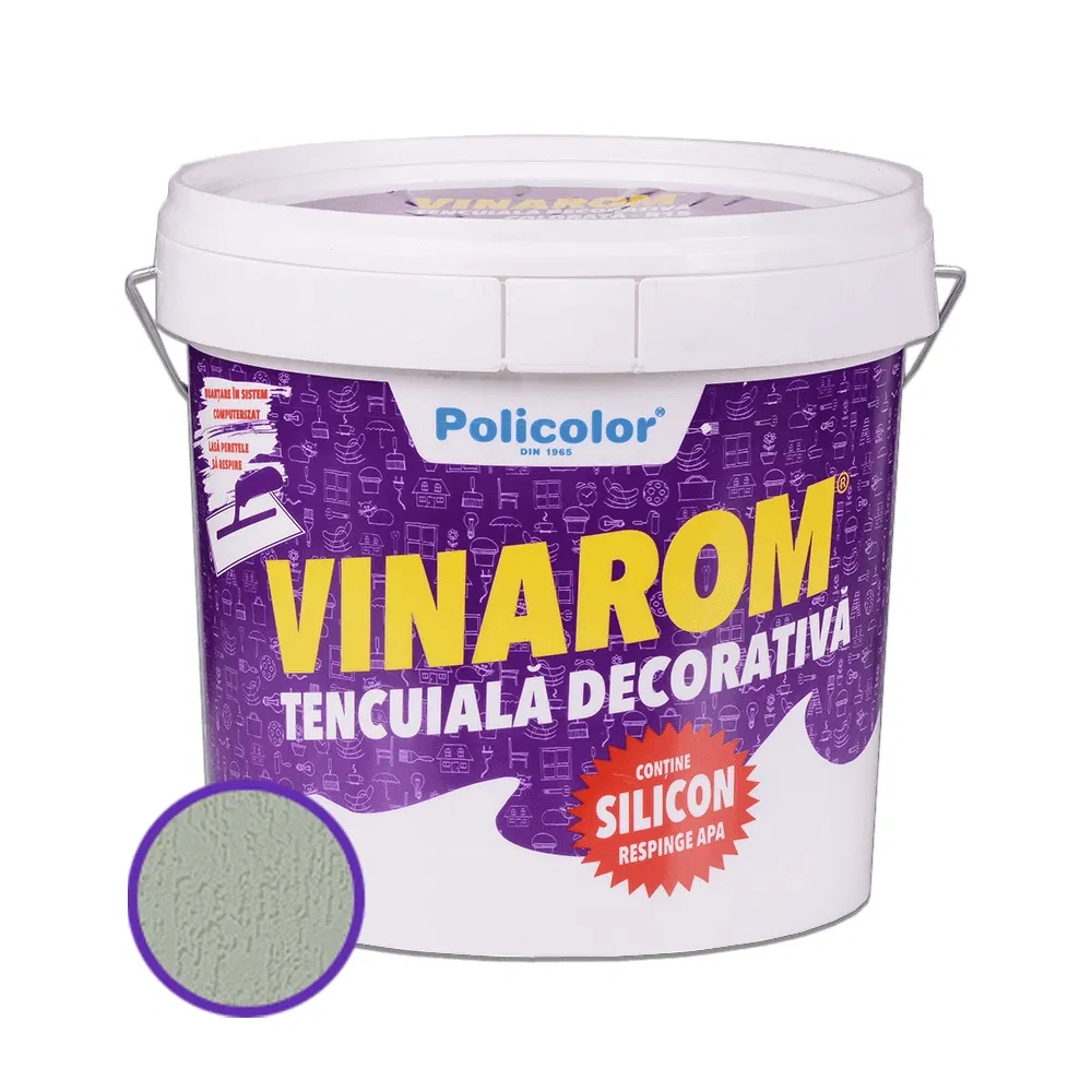 Tencuiala decorativa siliconica Vinarom R15 Policolor, aspect praf de piatra, granulatie 1.5-2 mm, interior/exterior, piatra rau, 25 kg