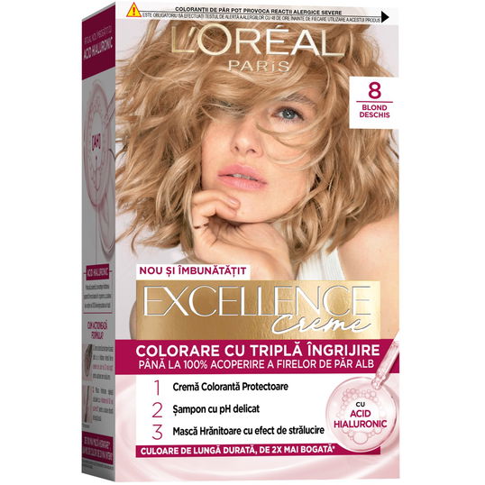 Vopsea de par permanenta Excellence Creme 8 Blond Deschis, 192ml, L`Oreal Paris