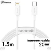 Cablu de date Baseus Superior CATLYS-B02, Fast Charging, USB Type-C - Lightning, PD 20W, 1.5m (Alb)