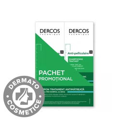 Pachet Sampon tratament anti-matreata pentru par normal-gras Dercos, 2 x 200ml, Vichy