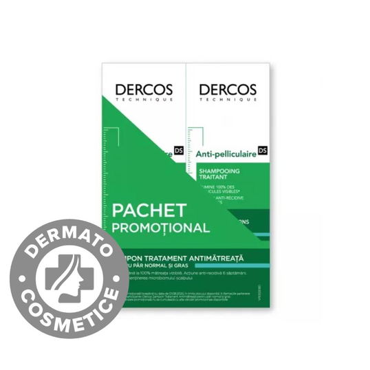 Pachet Sampon tratament anti-matreata pentru par normal-gras Dercos, 2 x 200ml, Vichy