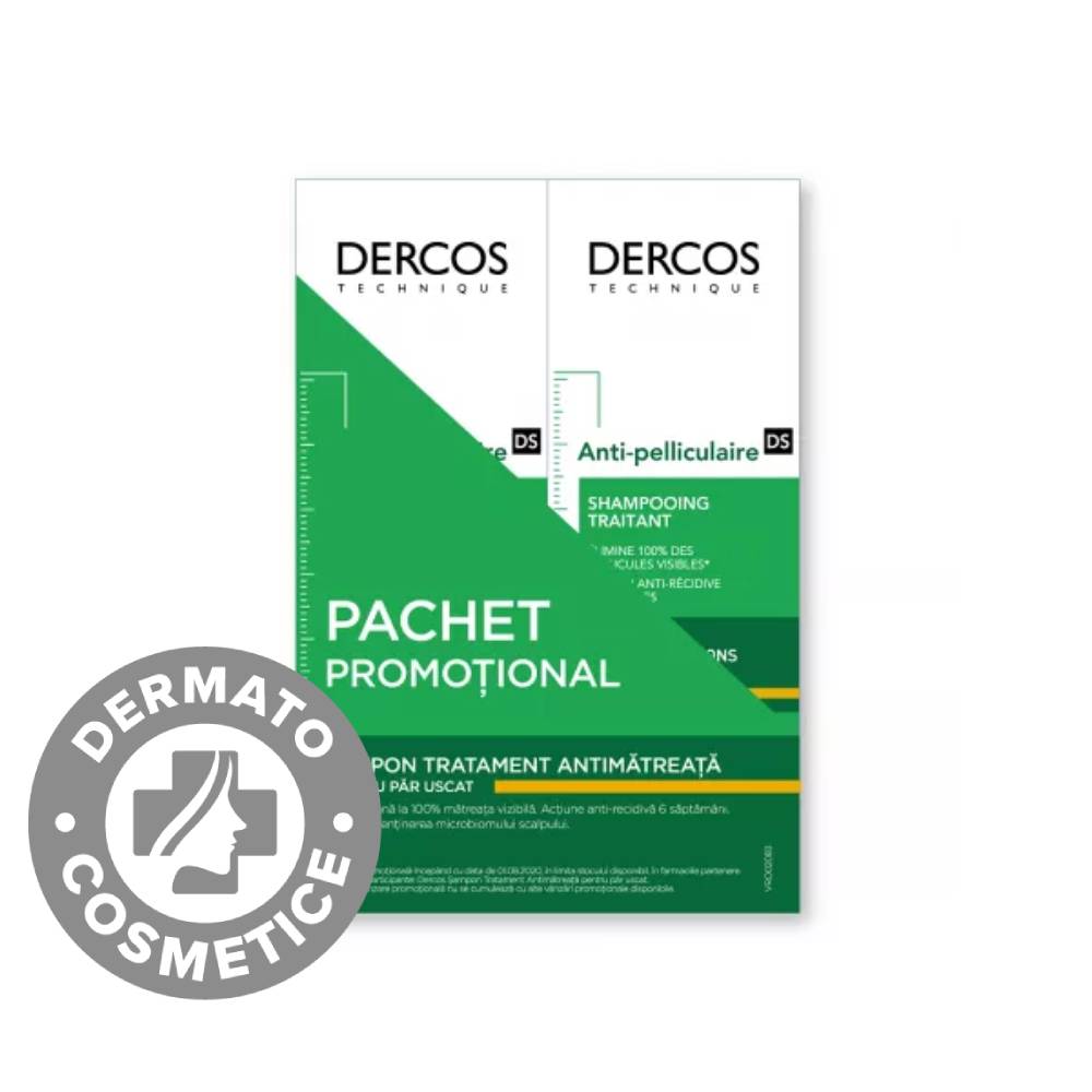 Pachet Sampon anti-matreata pentru par uscat Dercos, 2 x 200ml, Vichy